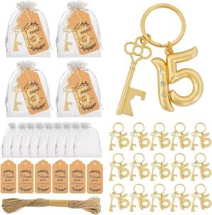 50Pcs 15th Quinceañera Key Bottle Openers Keychain Bulk 15 Birthday Party Favors, 15th Beer Key Chain Ring Bottle Opener Wedding Anniversary Return Gifts Party Decorations or Souvenirs for Guests
