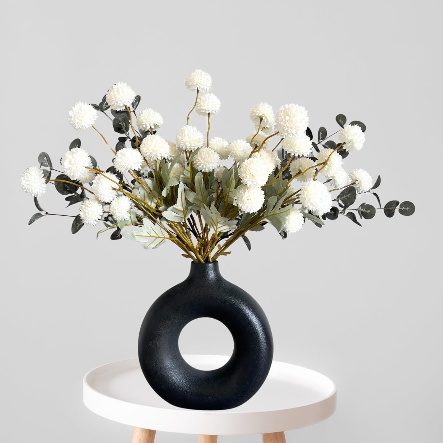 RyddeligHome Faux Kiku Flower White - 10 Stems & 18 Eucalyptus Stems(2 Branches), Small Mini Chrysanthemum Flowers, Artificial Pom Pom Balls for Aesthetic Room Decor, Floral Arrangements Centerpiece - Image 9