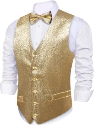 Barry.Wang Mens Shiny Vest V-neck Silm Fit Suit Waistcoat Bowtie Set Party Prom Tuxedo Formal Casual