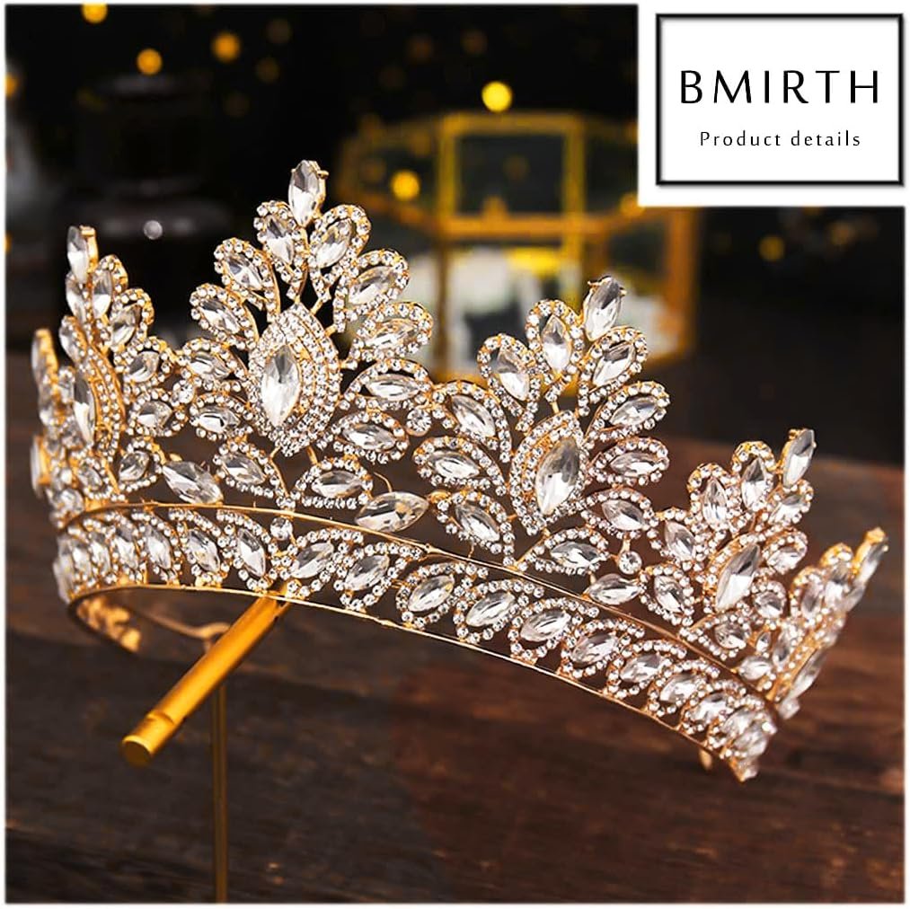 Baroque Crown and Tiara Gold Crystal Pearl Bride Wedding Queen Crowns Decorative Princess Tiaras Rhinestone Hair Accessories for Women and Girls (L) - Image 2