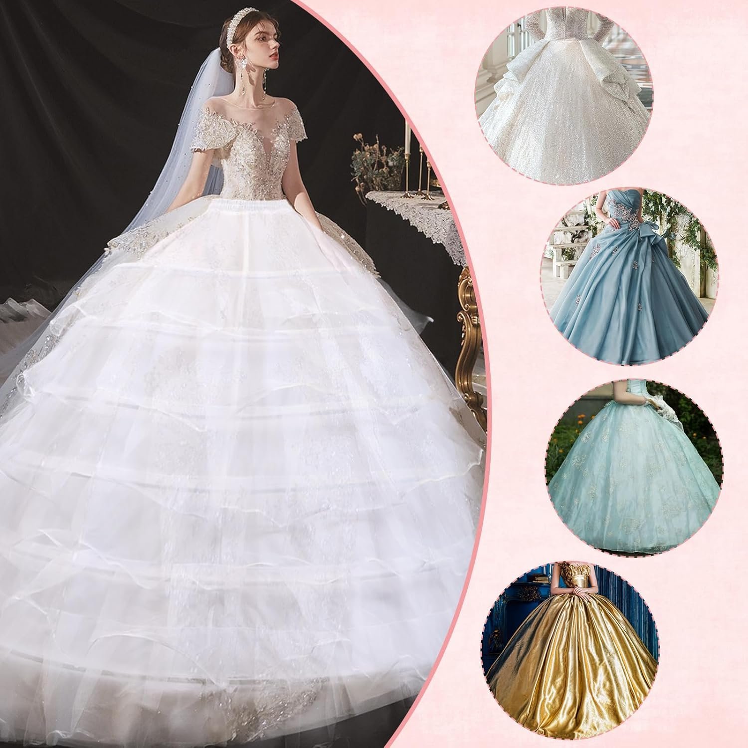 Women 6 Hoop 6 Layered Petticoat White A-line Floor-Length Crinoline Underskirt for Bridal Wedding Dress Ball Gown - Image 6