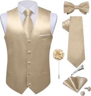 DiBanGu Mens Satin Suit Vest and Tie Set 8PCS Solid Waistcoat and Bowtie with Lapel Pin for Tuxedo Dress Vest Wedding Formal