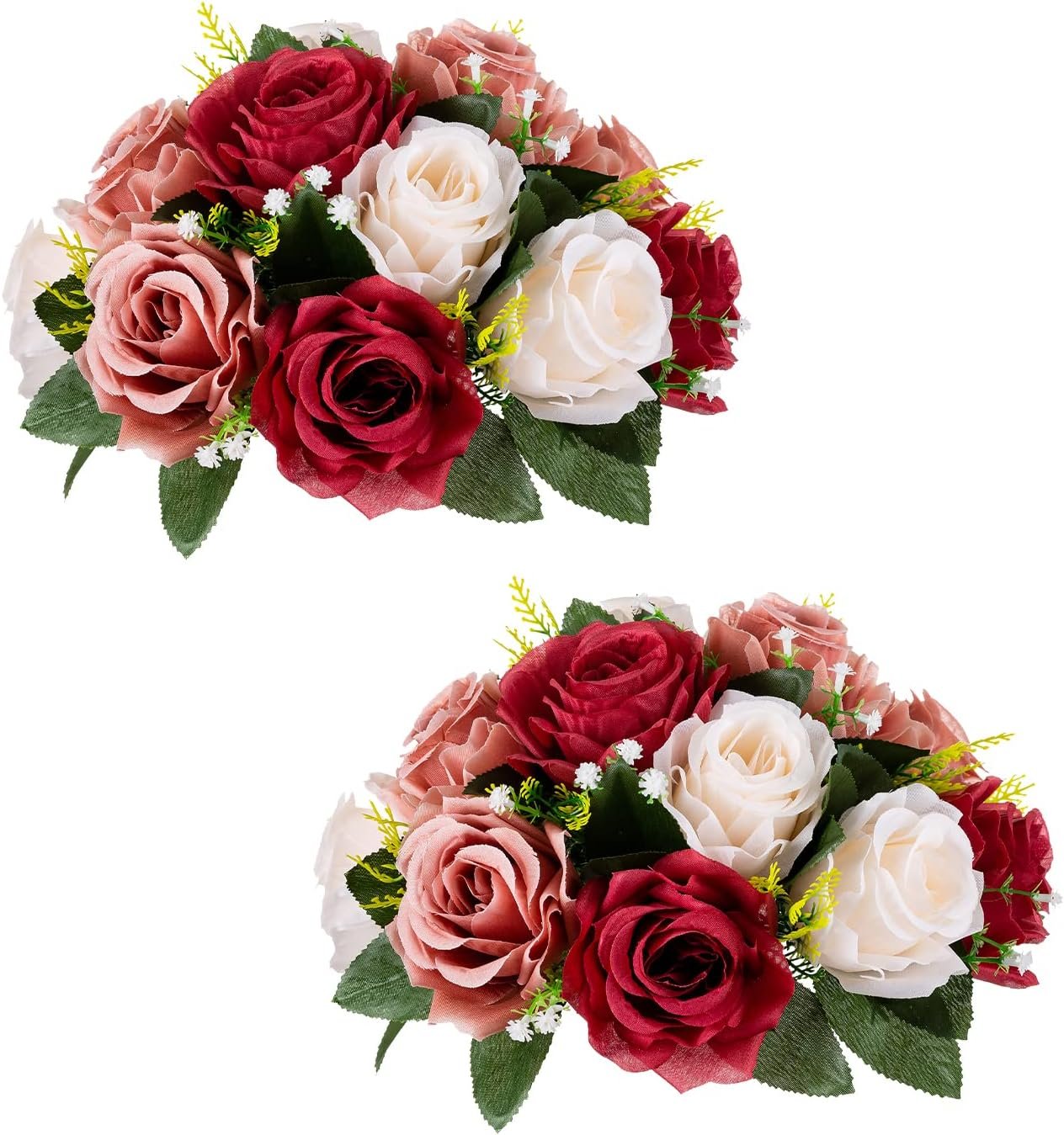 BLOSMON Flower Balls Wedding Centerpieces: 2 Pcs Burgundy Blush & White Fake Rose Flowers Kissing Decor Artificial Floral Arrangements Bouquet of Roses Home Party Room Table DIY Decoration