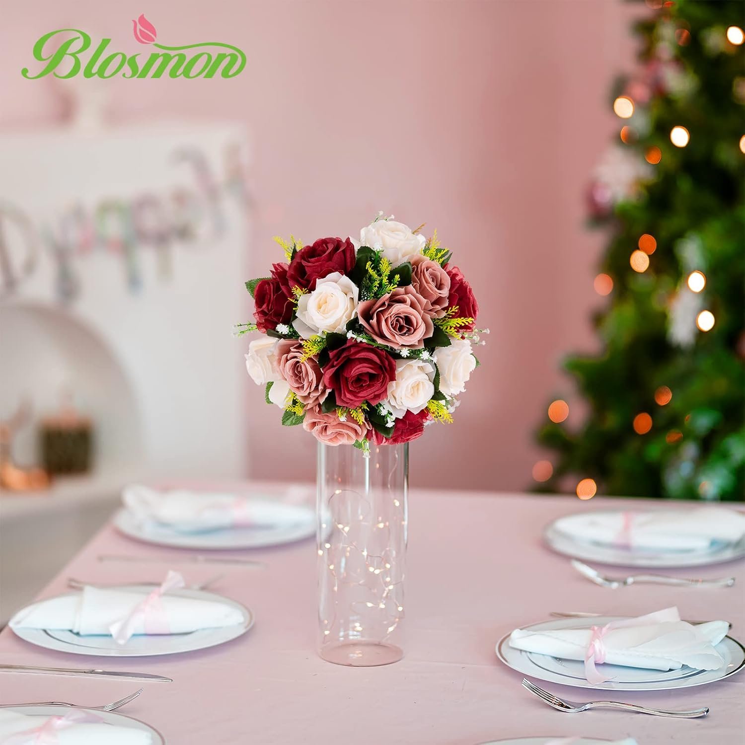 BLOSMON Flower Balls Wedding Centerpieces: 2 Pcs Burgundy Blush & White Fake Rose Flowers Kissing Decor Artificial Floral Arrangements Bouquet of Roses Home Party Room Table DIY Decoration - Image 3