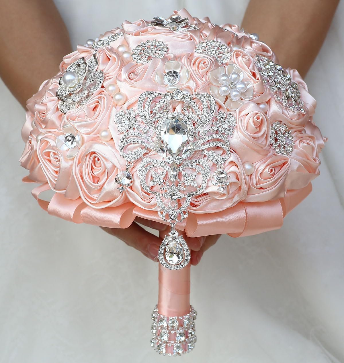 Bridal Wedding Bouquet Round Bling Brooch Bouquet Artificial Rose Flower Bunch for Bride Bridesmaid Wedding Quinceanera(Light Pink, 7.5")