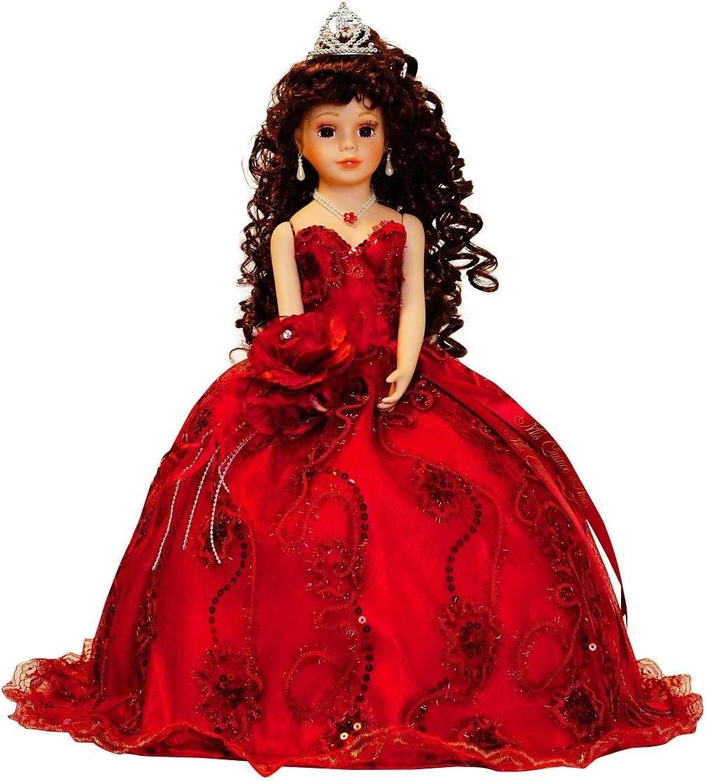 KINNEX COLLECTIONS SINCE 1997 18" Porcelain Quinceanera Umbrella Doll (Quince Anos)~ KK18725-7 ~ (Burgundy)