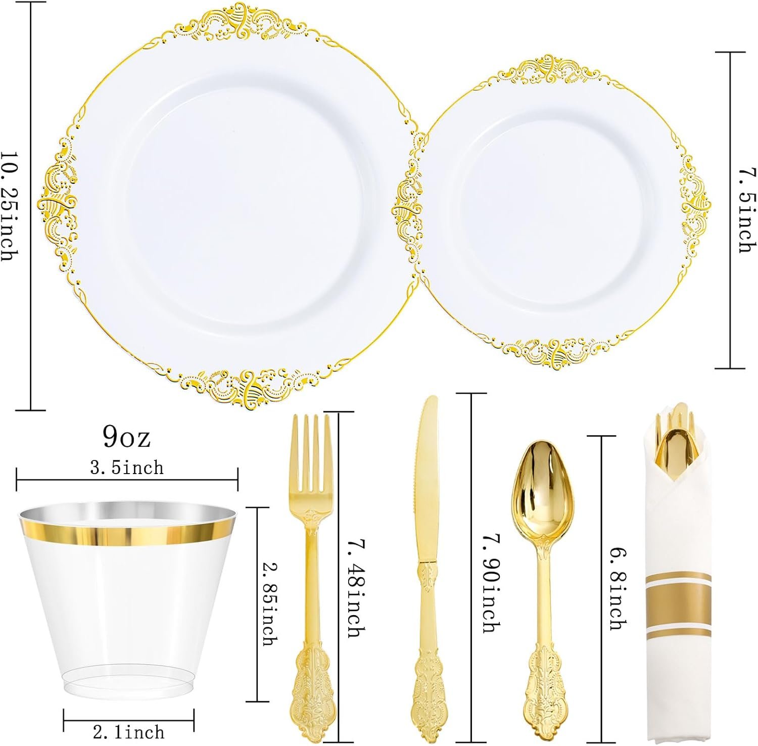 Nervure 175PCS Gold Plastic Plates - Disposable White Gold Party Plates & Pre Rolled Napkins with Cutlery for 25 Guests, 50Plates, 75Silverware, 25Cups, 25Napkin for Wedding & Party & Christmas - Image 2