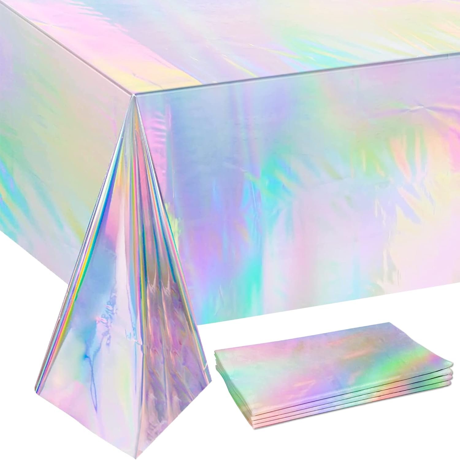 OHOME 4 Pack Iridescence Plastic Tablecloths Disposable Galentines Day Decorations Rectangle Table Covers Birthday Disco Bachelorette Bridal Wedding Rainbow Iridescent Party Decorations 54" x 108"