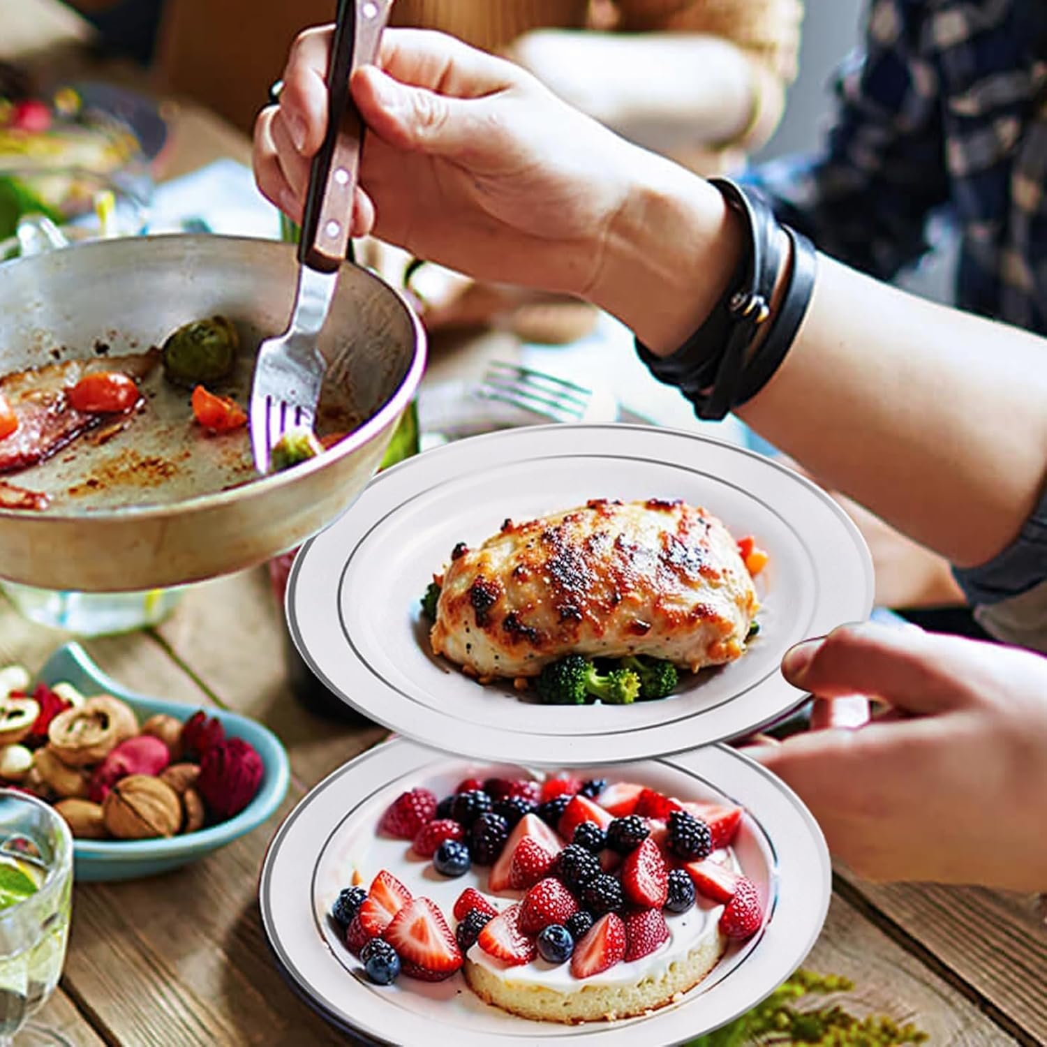 WELLIFE 350Pcs Silver Plastic Plates - Disposable Silverware, Include: 50 Dinner Plates 10.25”, 50 Dessert Plates 7.5”, 50 Silver Rim Cups 9 OZ, 50 Pre Rolled Napkins with Silver Silverware - Image 3