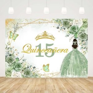 7x5ft Quinceañera 15th Birthday Backdrop Green Floral Butterfly Birthday Decorations Background 15th Birthday Party Decoration for Girls