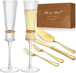 Wedding Champagne Flutes Set of 6, Cake Knife and Server Set with Mr and Mrs Forks, Cake Cutting Set for Wedding Anniversary, Bridal Shower, Engagement Gifts for Bride and Groom