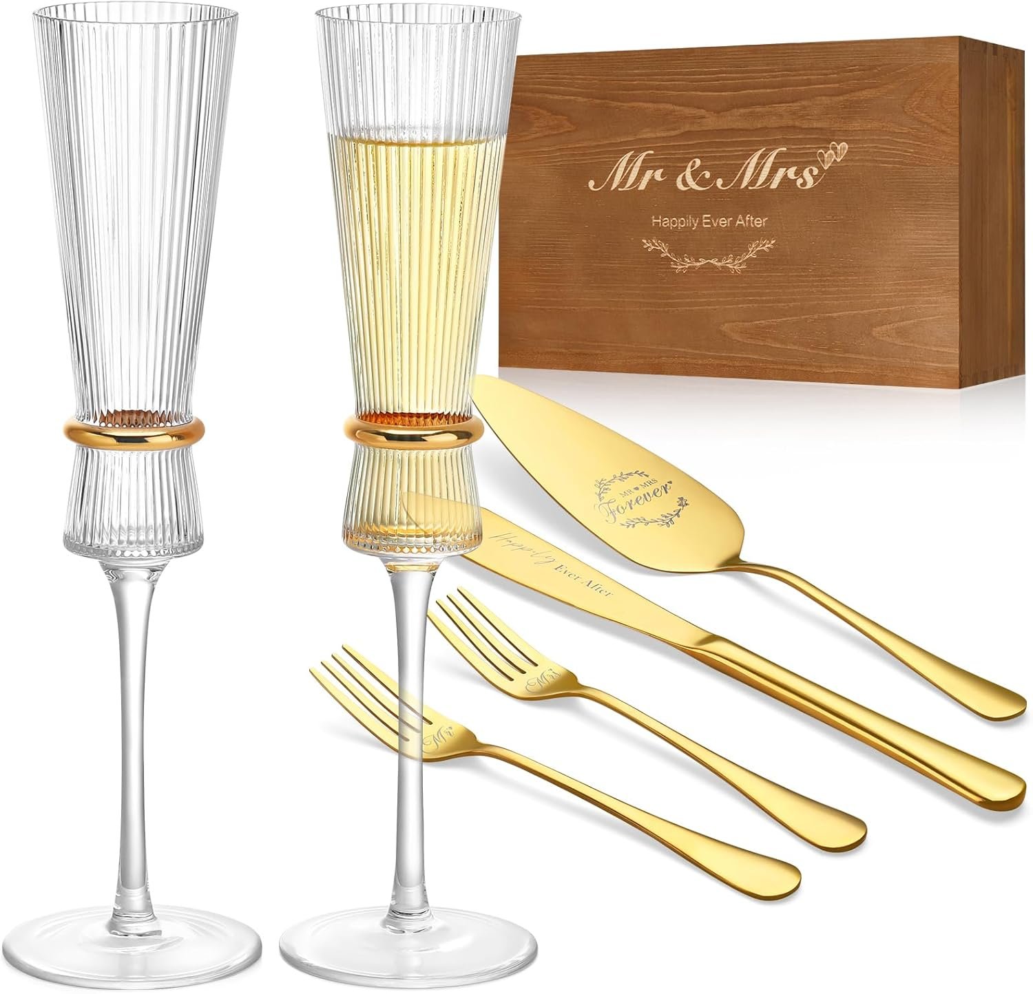Wedding Champagne Flutes Set of 6, Cake Knife and Server Set with Mr and Mrs Forks, Cake Cutting Set for Wedding Anniversary, Bridal Shower, Engagement Gifts for Bride and Groom