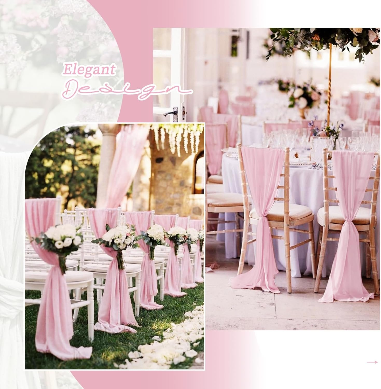 Showgeous 20 PCS Chair Sashes Cheesecloth Chair Sashes Rustic Chair Decorative Bows Designed Chair Cover for Wedding Banquet Party Aisle Home Kitchen Decoration (Light Pink, 16 x 108 inch) - Image 6