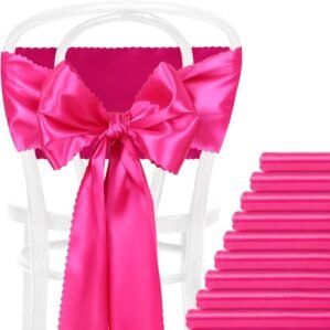 12 Pcs Hot Pink Satin Chair Sashes Bows,7×108 inch Chair Bow Ties Back Silky Dining Chair Sashes Satin Chair Ribbon for Wedding,Party,Banquet,Restaurant,Hotel Event,Chair Cover Decorations