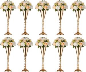 10 Pcs Tabletop Gold Metal Wedding Flower Trumpet Vase, 16.5 inch Table Decorative Centerpiece Artificial Flower Arrangements for Anniversary Ceremony Party Birthday Event Home Decoration (Gold)