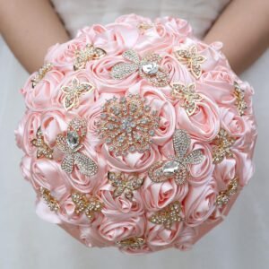 Bridal Wedding Bouquet Round Holding Bouquet Throw Toss Artificial Rose Flower Bunch for Bride Bridesmaid Wedding Quinceanera (Light Salmon Pink, 9.8″)