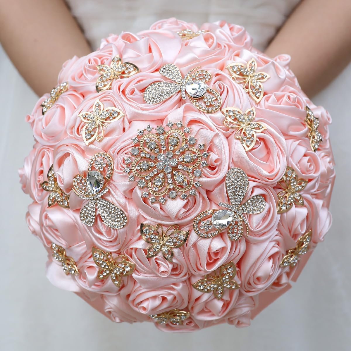 Bridal Wedding Bouquet Round Holding Bouquet Throw Toss Artificial Rose Flower Bunch for Bride Bridesmaid Wedding Quinceanera (Light Salmon Pink, 9.8")