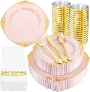 Nervure 350PCS Pink Plastic Plates – Pink Plastic Dinnerware Sets for 50 Guests – 100 Pink Disposable Plates, 150 Gold Plastic Silverware, 50 Cups, 50 Napkins for Wedding & Party