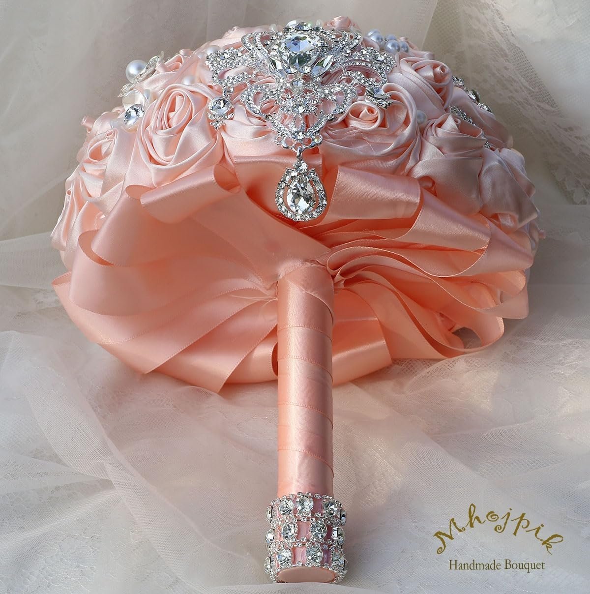 Bridal Wedding Bouquet Round Bling Brooch Bouquet Artificial Rose Flower Bunch for Bride Bridesmaid Wedding Quinceanera(Light Pink, 7.5") - Image 4