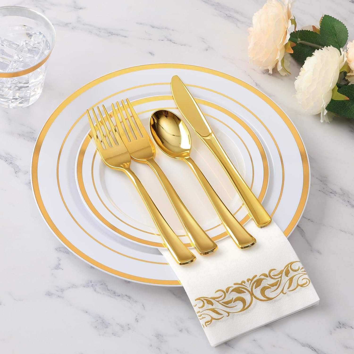 Goodluck 350 Piece Gold Dinnerware Set for 50 Guests, Plastic Plates Disposable for Party, Include: 50 Gold Rim Dinner Plates, 50 Dessert Plates, 50 Paper Napkins, 50 Cups, 50 Gold Silverware Set - Image 2