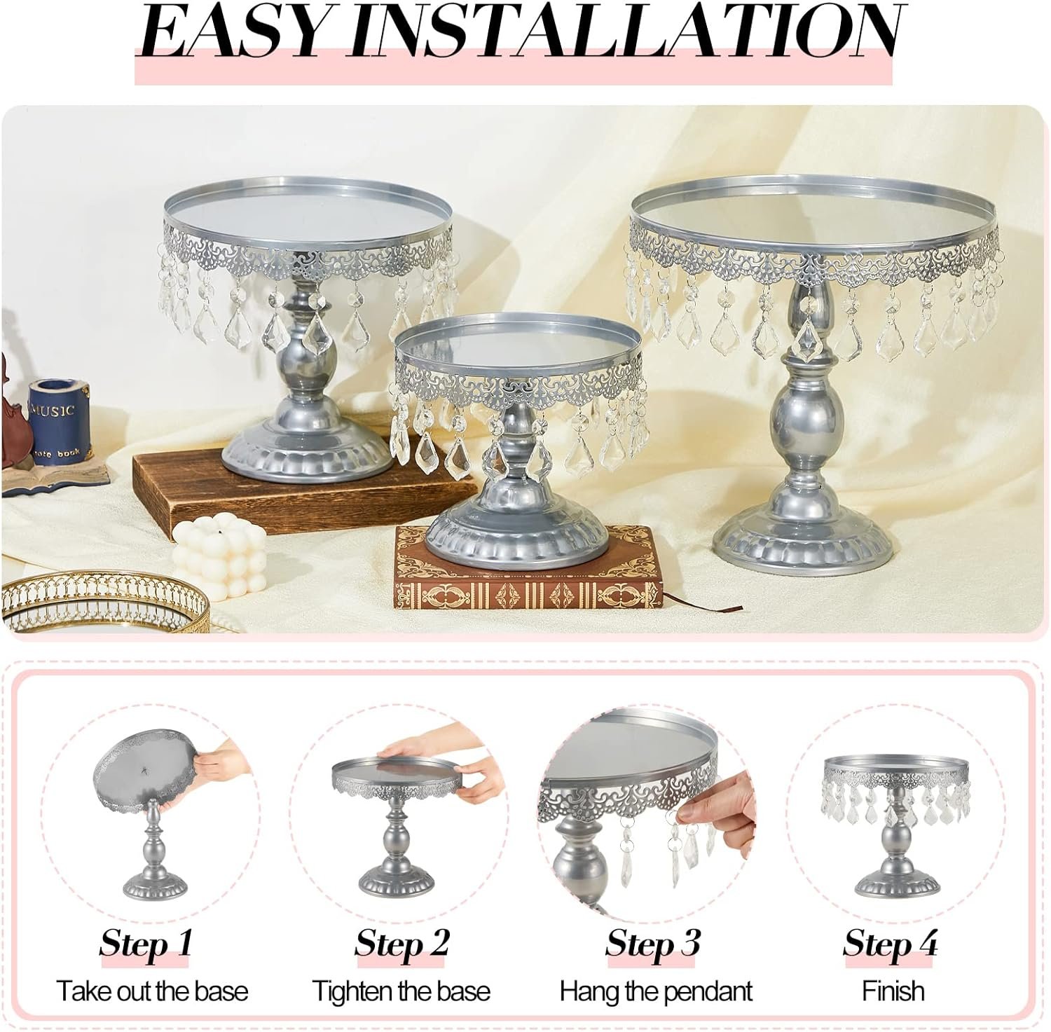 Eaasty 3 Pcs Cake Stand Set Round Cake Stand with Crystal Bling Pendants Dessert Table Display Set for Wedding Event Birthday Party Dessert Table(Silver) - Image 5