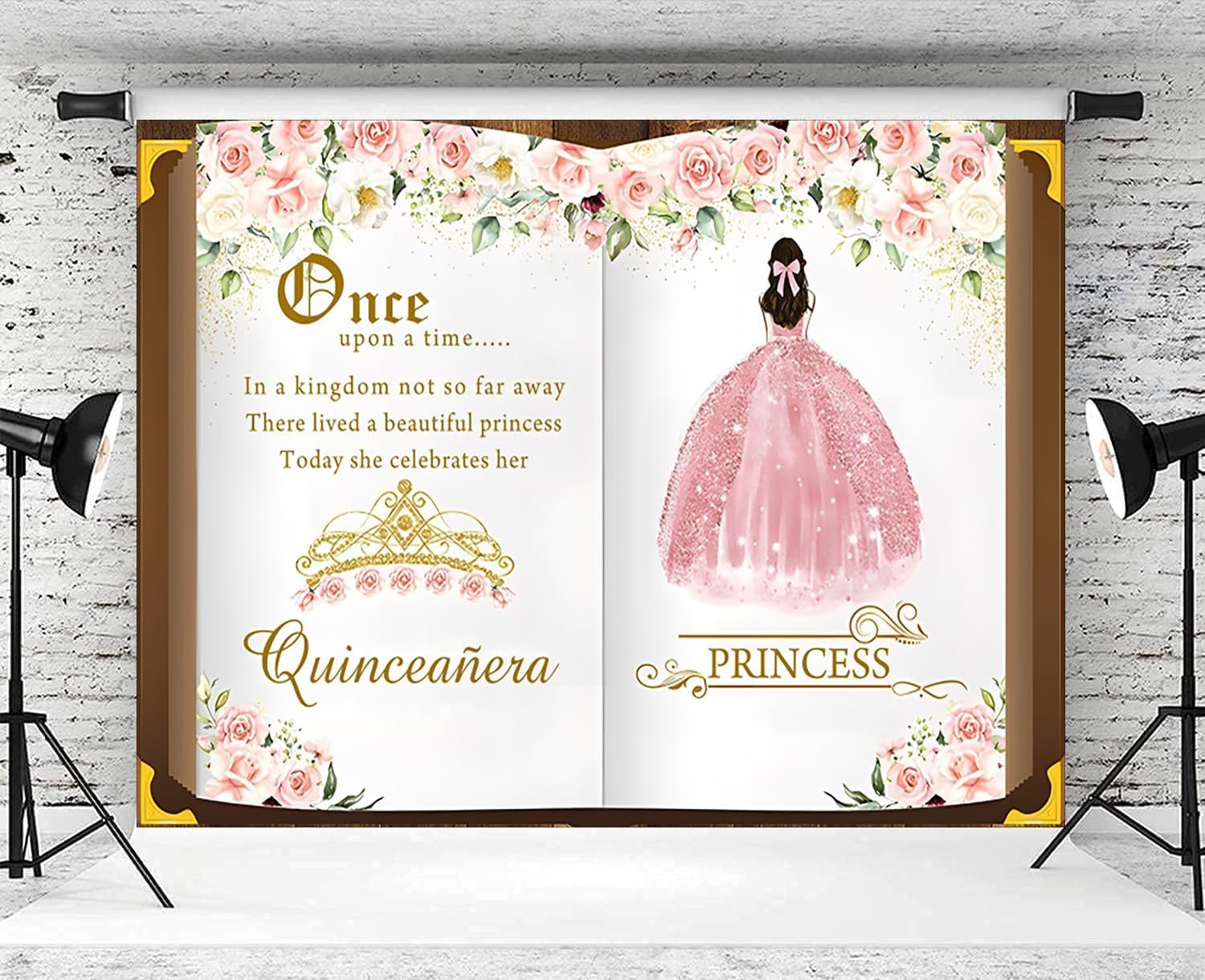 7x5ft Once Upon a Time Quinceanera Backdrop Pink Flowers Princess Fairytale Birthday Photography Background Girls 15th Birthday Party Cake Table Banner Decorations Supplies Photo Booth Props - Image 3