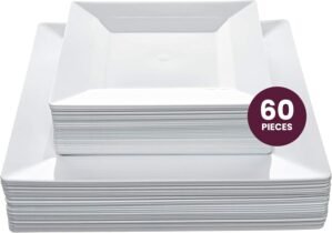 Aya’s 60ct White Square Disposable Plates – Heavy Duty Plastic Party Plates for Christmas, Thanksgiving (30 Dinner & 30 Salad)