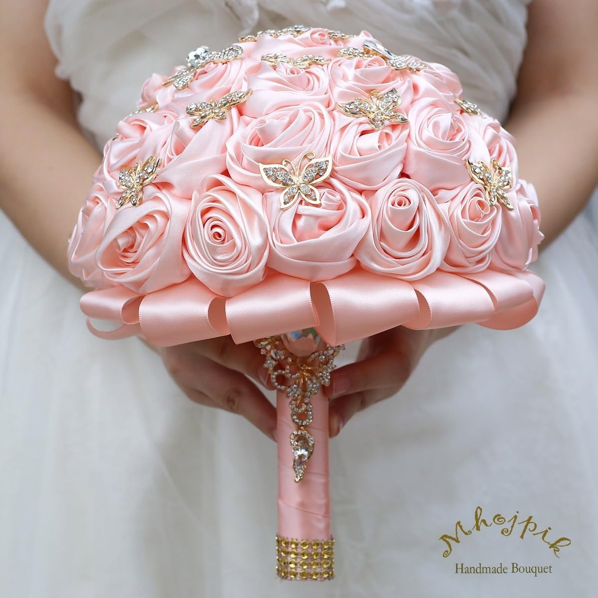 Bridal Wedding Bouquet Round Holding Bouquet Throw Toss Artificial Rose Flower Bunch for Bride Bridesmaid Wedding Quinceanera (Light Salmon Pink, 9.8") - Image 3