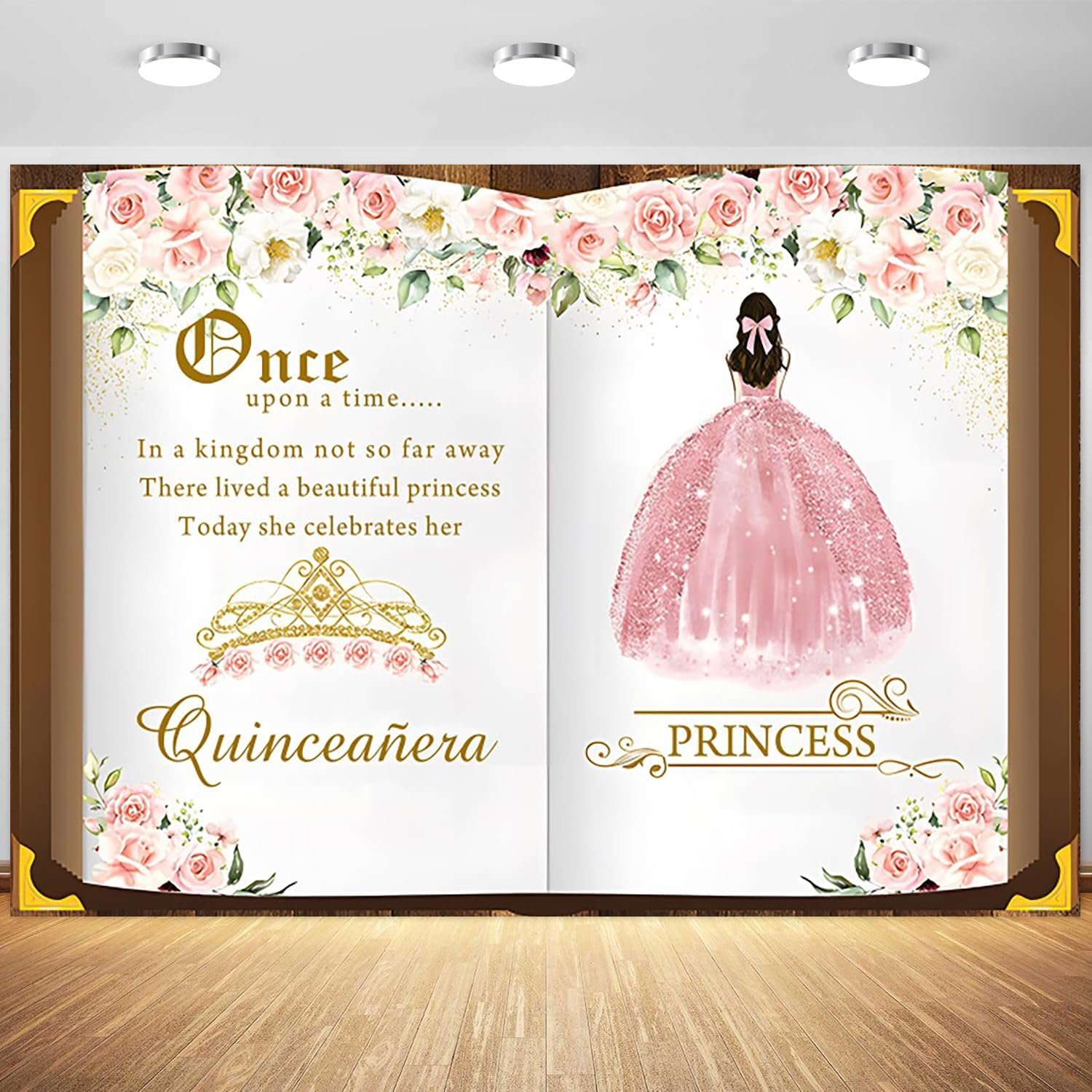 7x5ft Once Upon a Time Quinceanera Backdrop Pink Flowers Princess Fairytale Birthday Photography Background Girls 15th Birthday Party Cake Table Banner Decorations Supplies Photo Booth Props