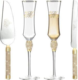 Wedding Cake Knife and Server Set, Bridal Shower Gifts for Bride Mr and Mrs Champagne Flutes Glass and Cake Cutting Set for Wedding Engagement Gifts (Gold)