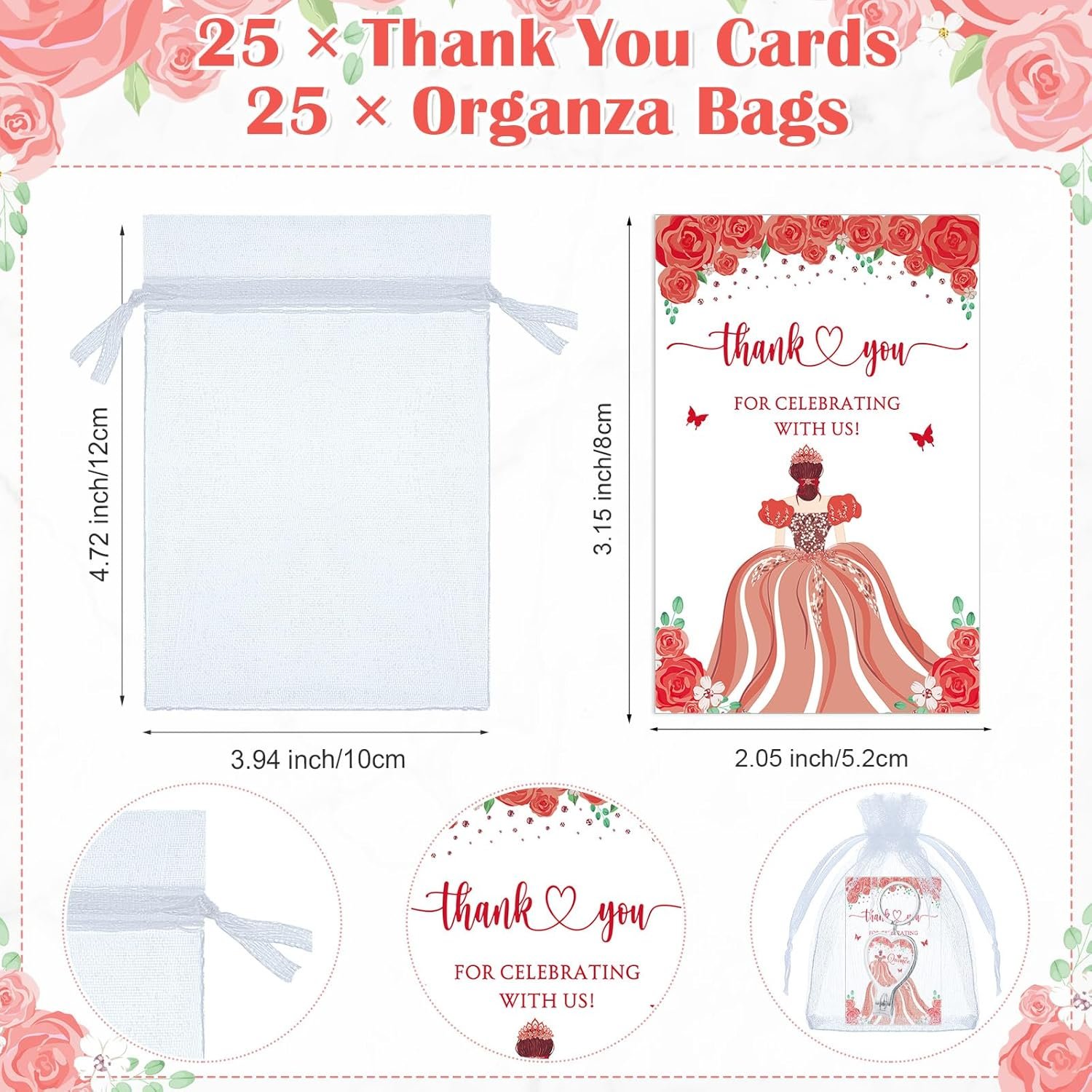 25 Sets 15th Quinceañera Party Favors Includes Quince Keychain Bottle Opener Nail Clipper Thank You Cards Organza Bags for Guests Sweet 15 Birthday Party Adults Souvenirs (Red) - Image 3