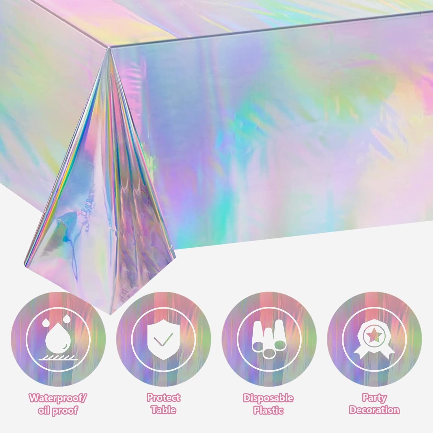 OHOME 4 Pack Iridescence Plastic Tablecloths Disposable Galentines Day Decorations Rectangle Table Covers Birthday Disco Bachelorette Bridal Wedding Rainbow Iridescent Party Decorations 54" x 108" - Image 3