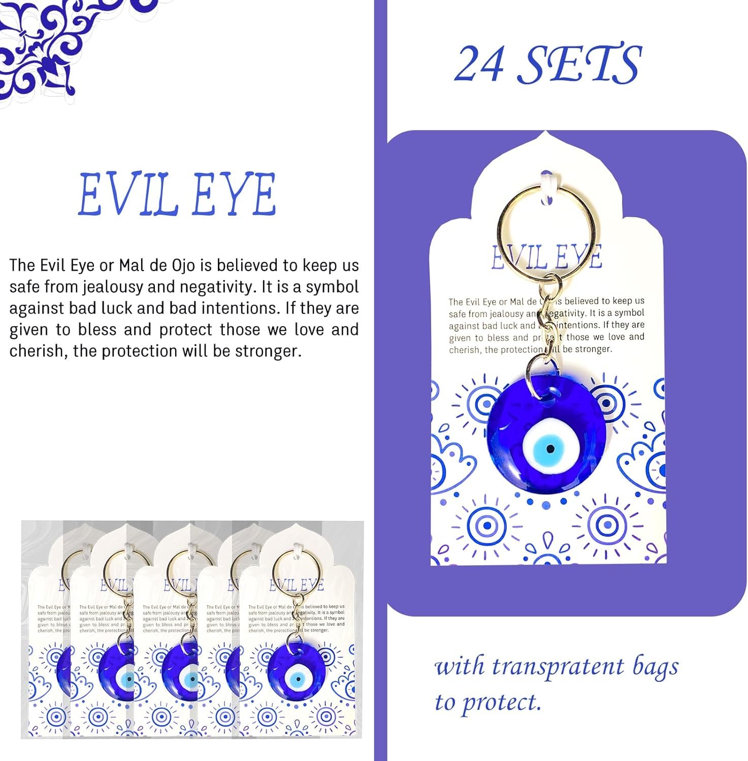 24 Sets Blue Evil Eyes Keychains Birthday Party Favors Turkish Good Luck Charms Gifts Bulk Navy Witch Gifts with Gift Tags Bags for Women Welcome Back to School Gifts Bulk for Students - Image 2