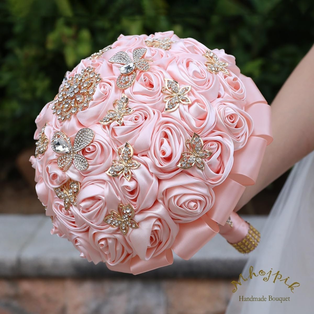 Bridal Wedding Bouquet Round Holding Bouquet Throw Toss Artificial Rose Flower Bunch for Bride Bridesmaid Wedding Quinceanera (Light Salmon Pink, 9.8") - Image 5
