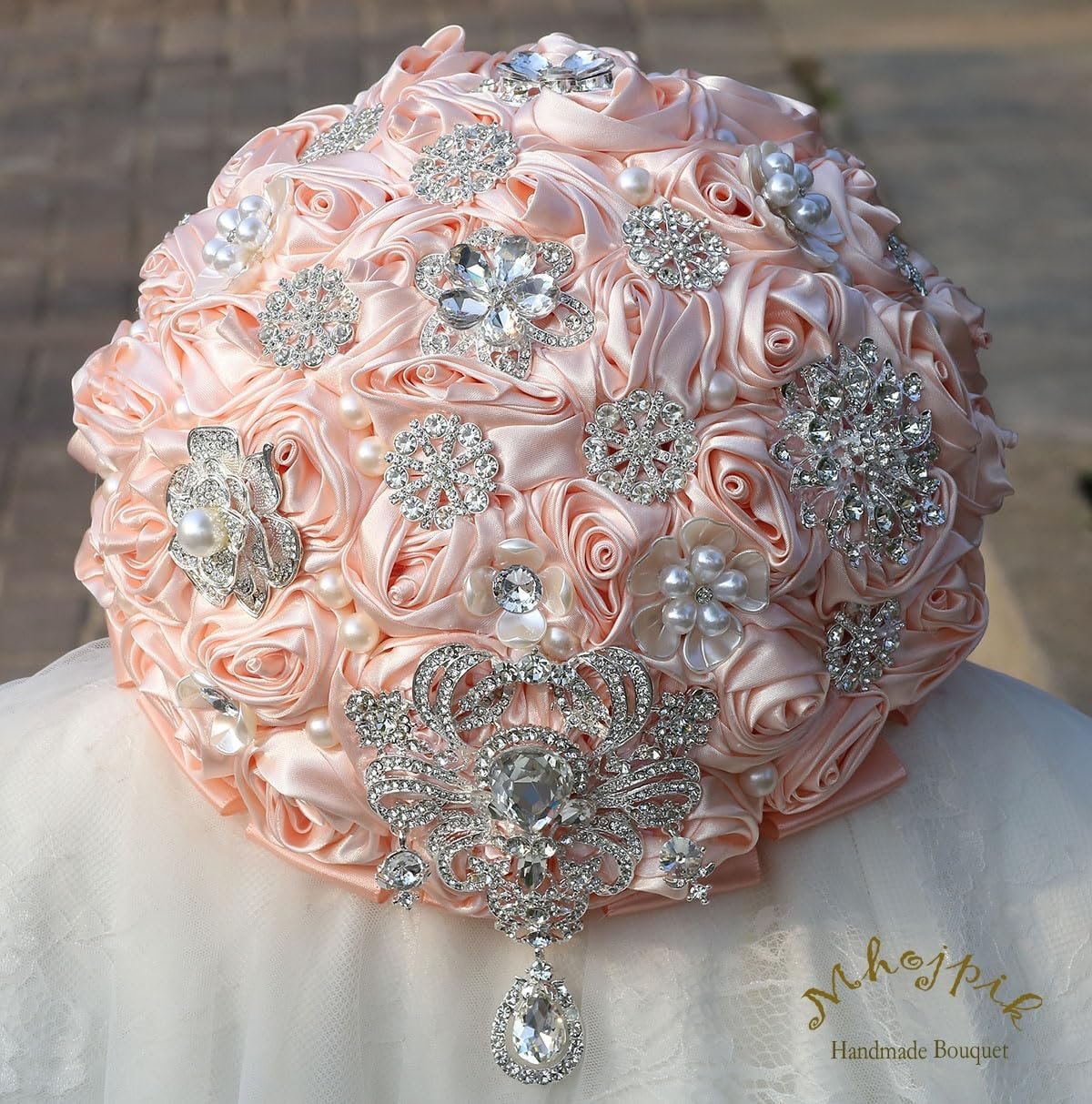 Bridal Wedding Bouquet Round Bling Brooch Bouquet Artificial Rose Flower Bunch for Bride Bridesmaid Wedding Quinceanera(Light Pink, 7.5") - Image 6