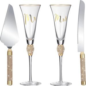Boao 4 Piece Wedding Toasting Flutes and Cake Server Set Wedding Reception Supplies Champagne Glasses Cake Knife Pie Server (Gold)