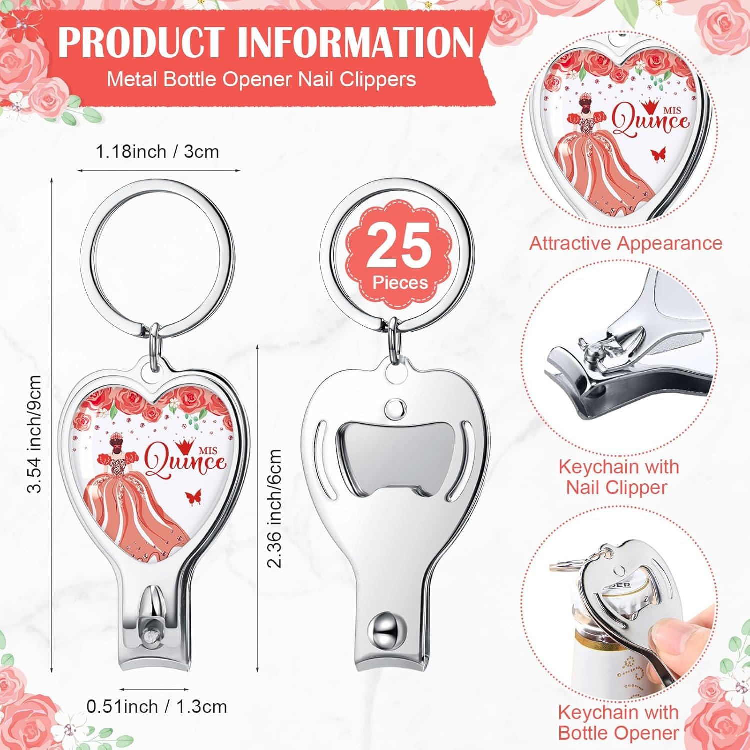 25 Sets 15th Quinceañera Party Favors Includes Quince Keychain Bottle Opener Nail Clipper Thank You Cards Organza Bags for Guests Sweet 15 Birthday Party Adults Souvenirs (Red) - Image 2