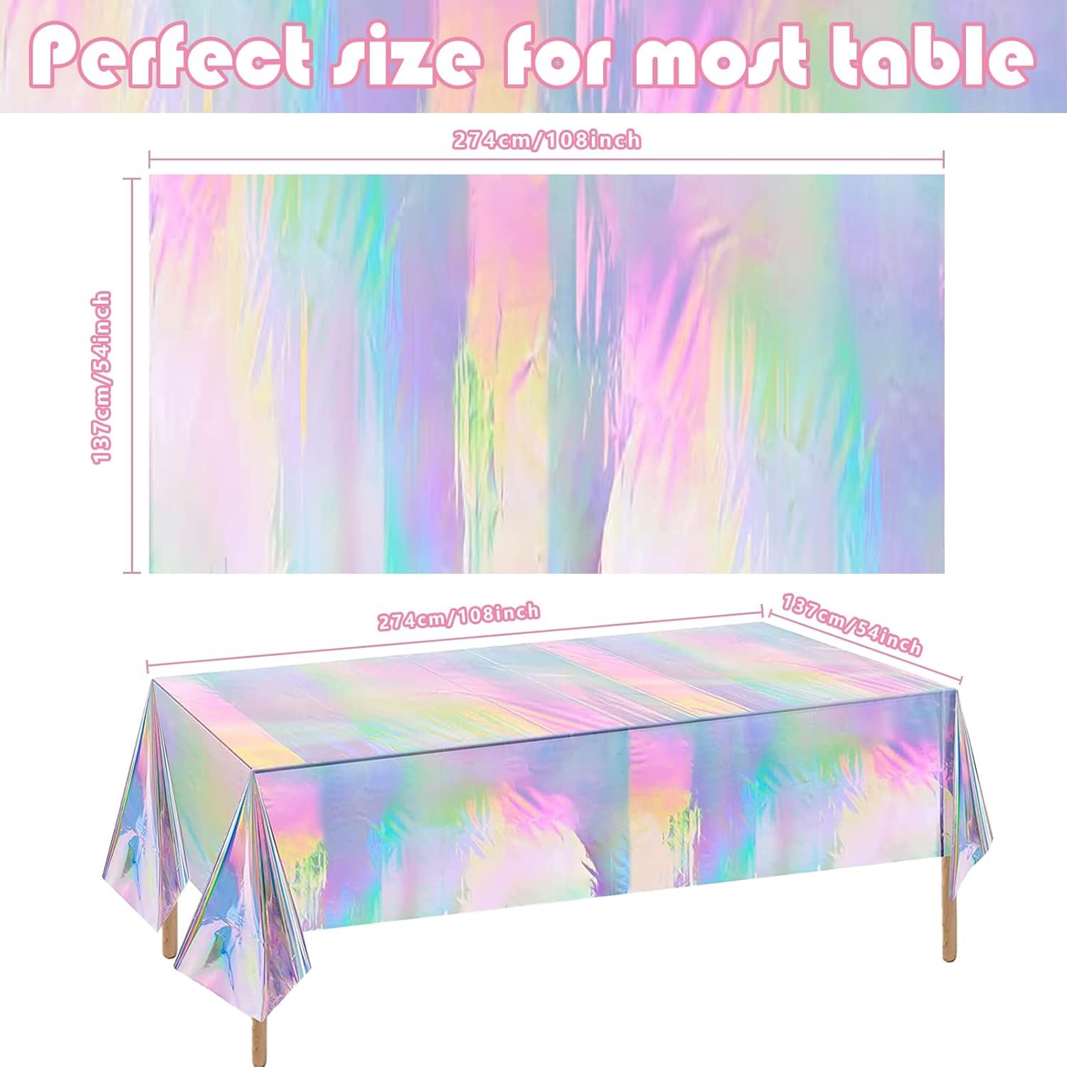 OHOME 4 Pack Iridescence Plastic Tablecloths Disposable Galentines Day Decorations Rectangle Table Covers Birthday Disco Bachelorette Bridal Wedding Rainbow Iridescent Party Decorations 54" x 108" - Image 2