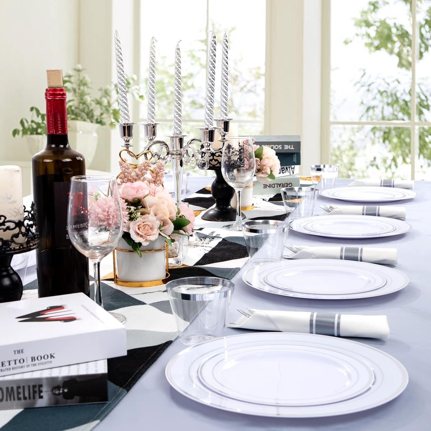 WELLIFE 350Pcs Silver Plastic Plates - Disposable Silverware, Include: 50 Dinner Plates 10.25”, 50 Dessert Plates 7.5”, 50 Silver Rim Cups 9 OZ, 50 Pre Rolled Napkins with Silver Silverware - Image 5