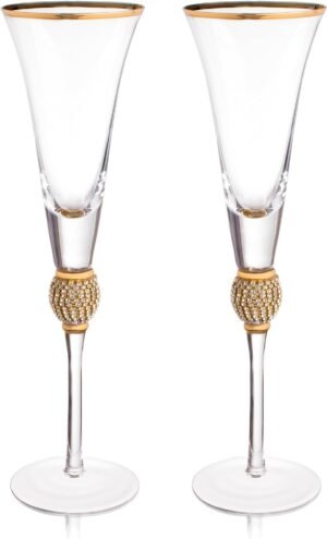 Trinkware Wedding Champagne Flutes – Rhinestone “DIAMOND” Studded Toasting Glasses With Gold Rim – Long Stem, 7oz, 11-inches Tall – Elegant Glassware And Stemware – Set of 2 For Bride And Groom