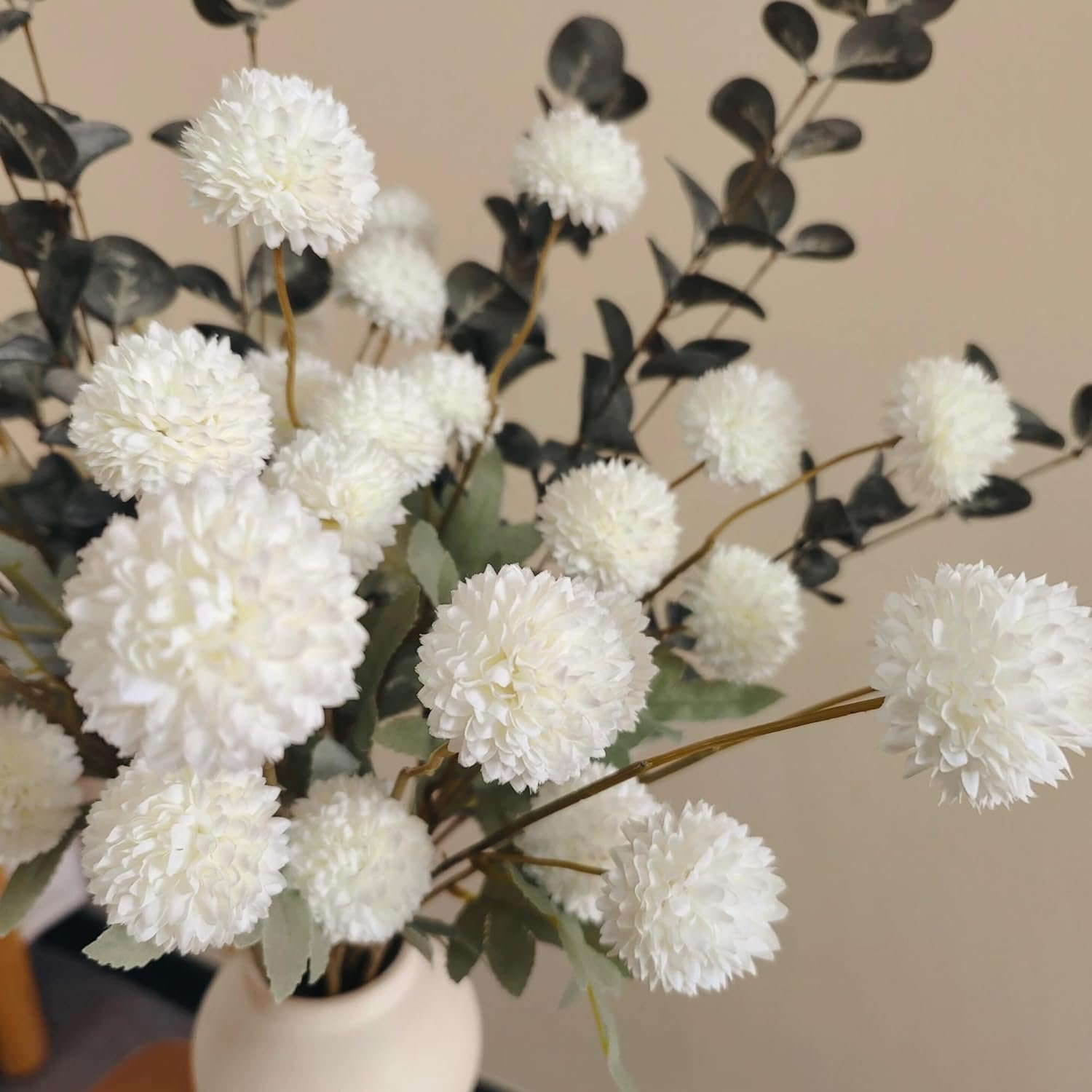 RyddeligHome Faux Kiku Flower White - 10 Stems & 18 Eucalyptus Stems(2 Branches), Small Mini Chrysanthemum Flowers, Artificial Pom Pom Balls for Aesthetic Room Decor, Floral Arrangements Centerpiece - Image 4