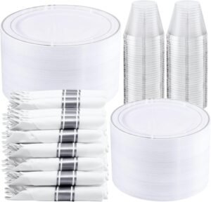 WELLIFE 350Pcs Silver Plastic Plates – Disposable Silverware, Include: 50 Dinner Plates 10.25”, 50 Dessert Plates 7.5”, 50 Silver Rim Cups 9 OZ, 50 Pre Rolled Napkins with Silver Silverware