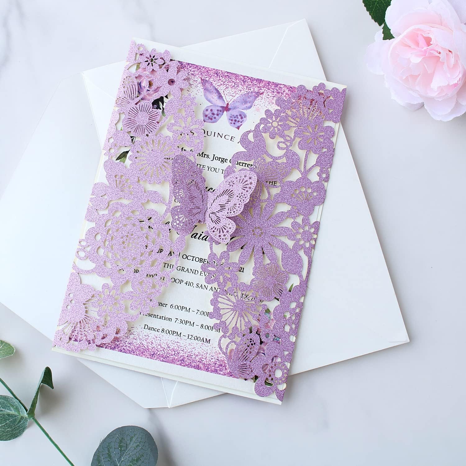 Hosmsua 5.1x7.3'' 50PCS Purple Glitter Quinceanera Invitation Kit Laser Cut Flora Butterfly Invitation Cards Pocket with Envelopes for Bridal Shower Sweet 16 Wedding Invitation (Purple Glitter) - Image 4