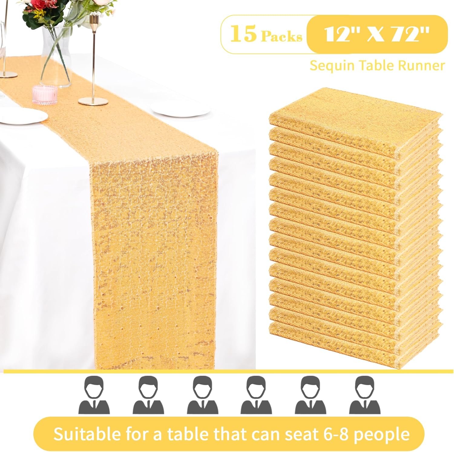 15 Pack Gold Table Runner Sequin Table Runner 12" x 72" Sparkly Metallic Sequin Table Cloths Coffee Table Runner for Wedding Banquet Holiday Birthday Party Baby Shower Bridal Shower Christmas Decor - Image 4