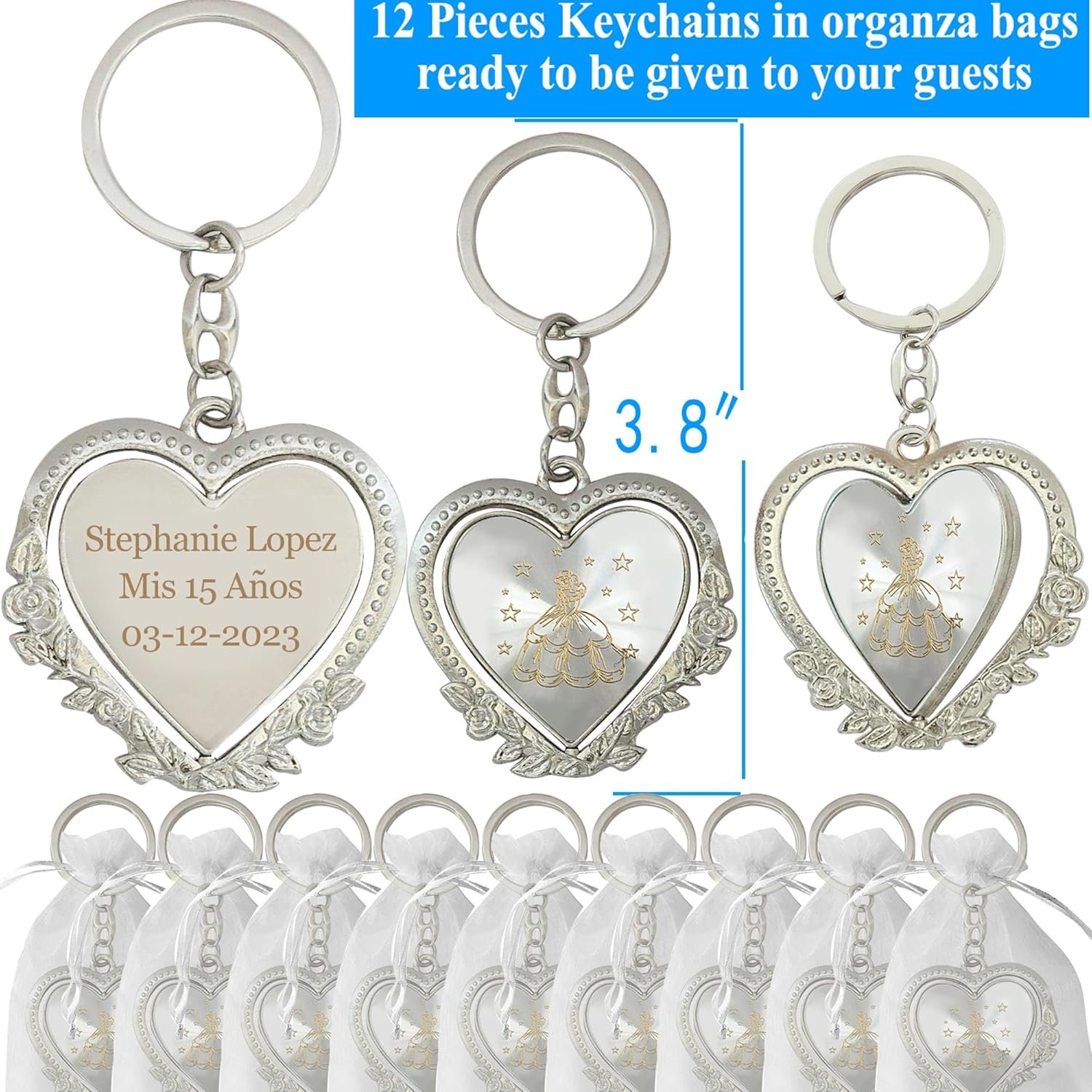 12 pcs Personalized Quinceanera Party Favors Recuerdos para Quinceañera Heart Keychains Sweet 16 Quinceanera (Sil/Gol) - Image 2