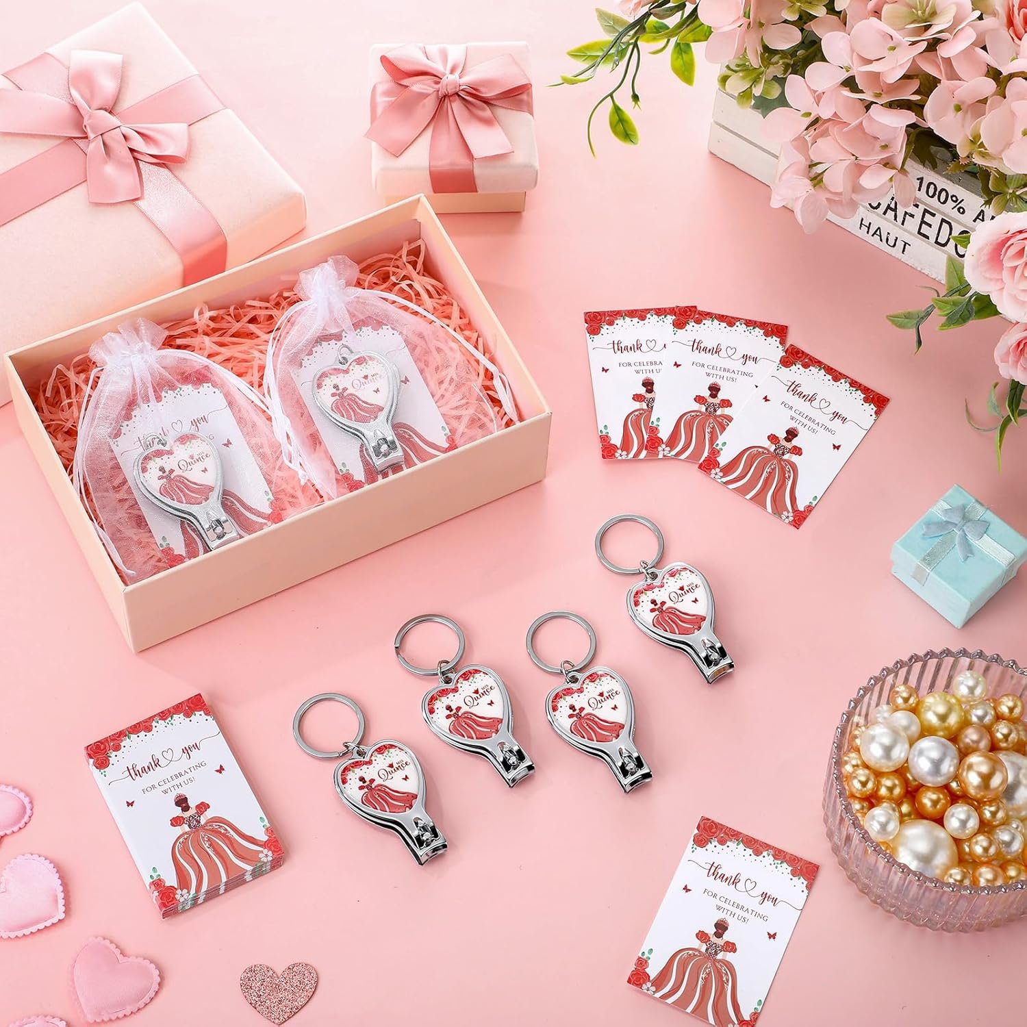 25 Sets 15th Quinceañera Party Favors Includes Quince Keychain Bottle Opener Nail Clipper Thank You Cards Organza Bags for Guests Sweet 15 Birthday Party Adults Souvenirs (Red) - Image 5