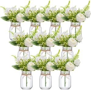 XunYee 10 Set Mason Jar Table Centerpiece with Flower Mason Jar Flower Centerpiece Mason Jar Vases Decor for Engagement Party Bridal Shower Centerpieces Wedding Reception Table Decor(Rose)