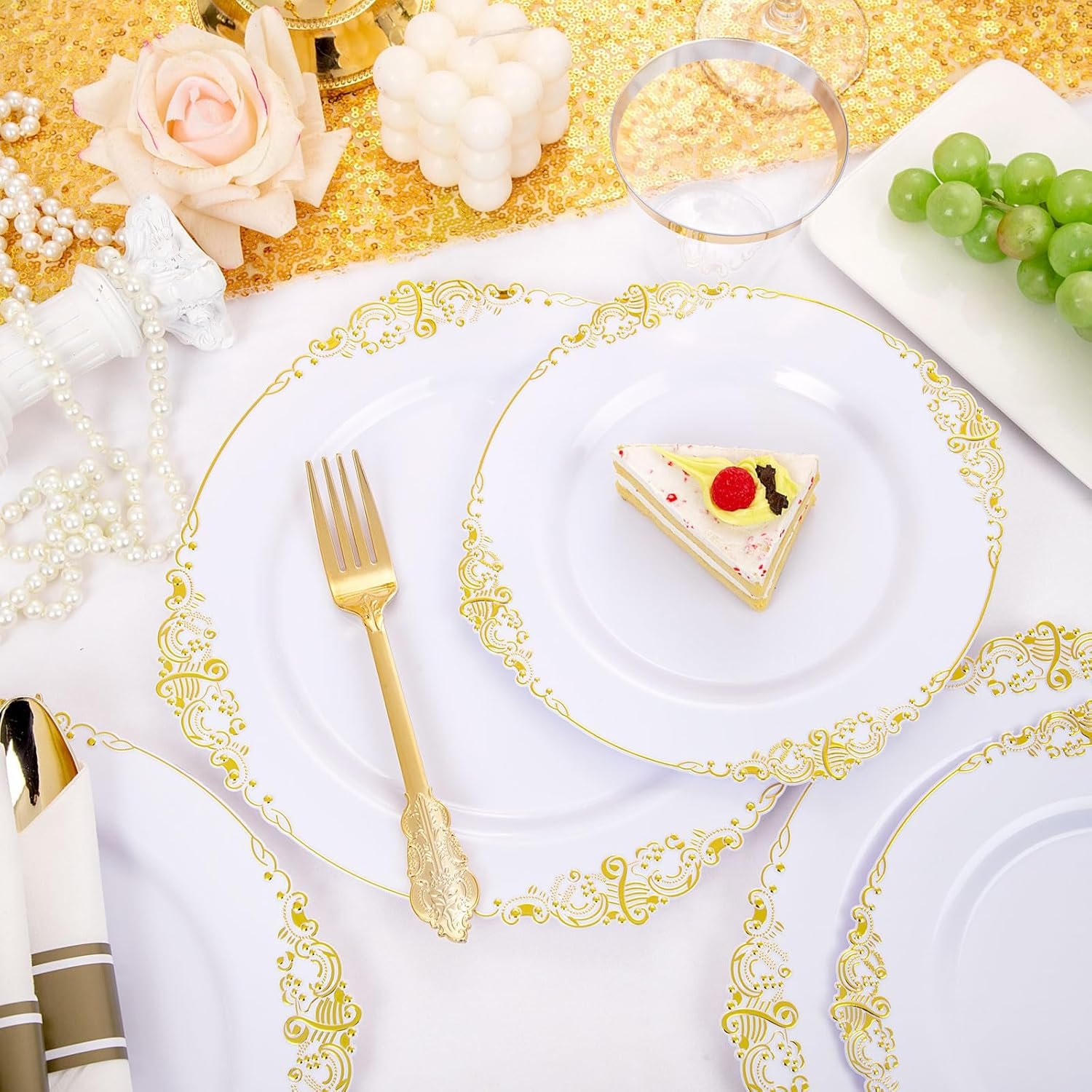 Nervure 175PCS Gold Plastic Plates - Disposable White Gold Party Plates & Pre Rolled Napkins with Cutlery for 25 Guests, 50Plates, 75Silverware, 25Cups, 25Napkin for Wedding & Party & Christmas - Image 4