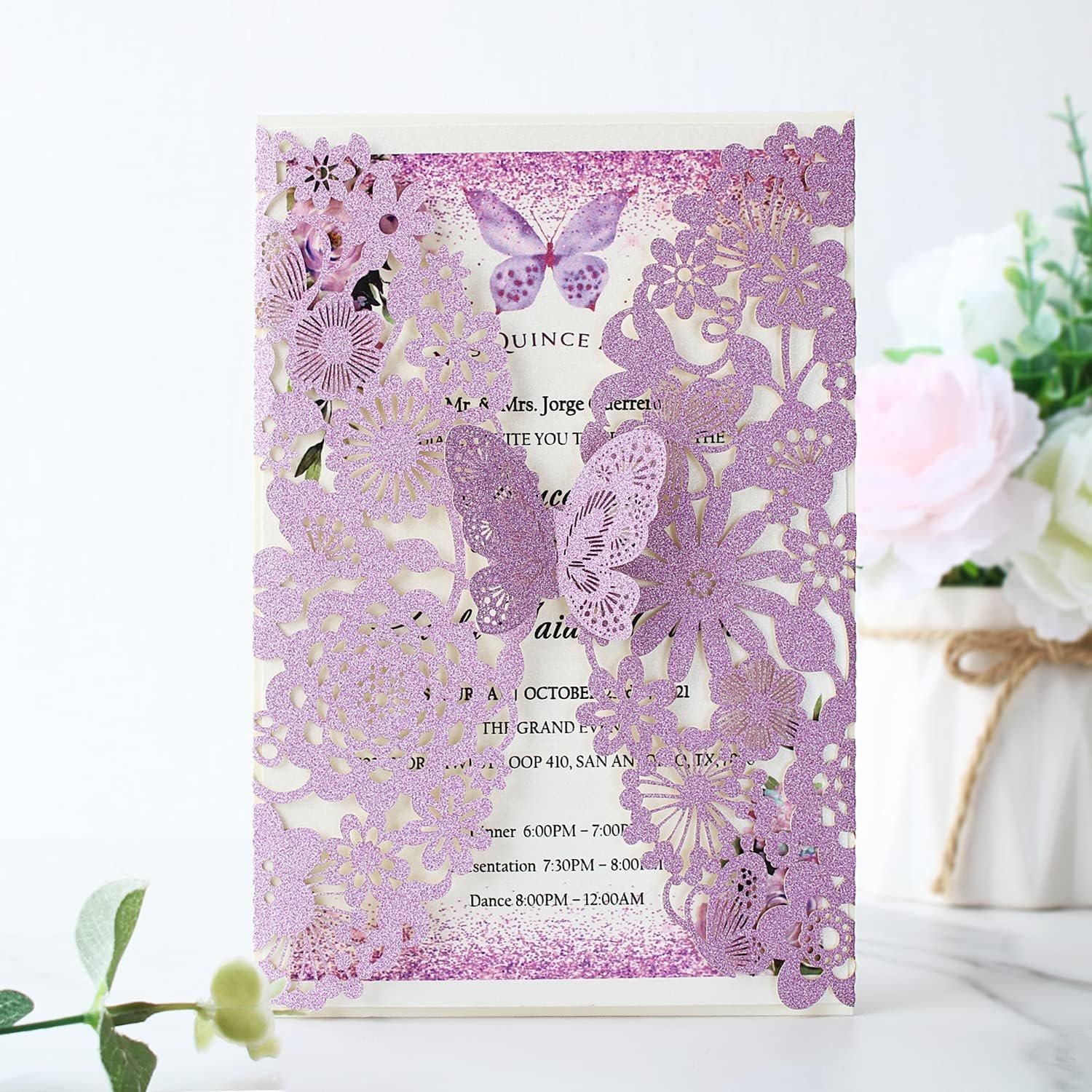 Hosmsua 5.1x7.3'' 50PCS Purple Glitter Quinceanera Invitation Kit Laser Cut Flora Butterfly Invitation Cards Pocket with Envelopes for Bridal Shower Sweet 16 Wedding Invitation (Purple Glitter) - Image 2