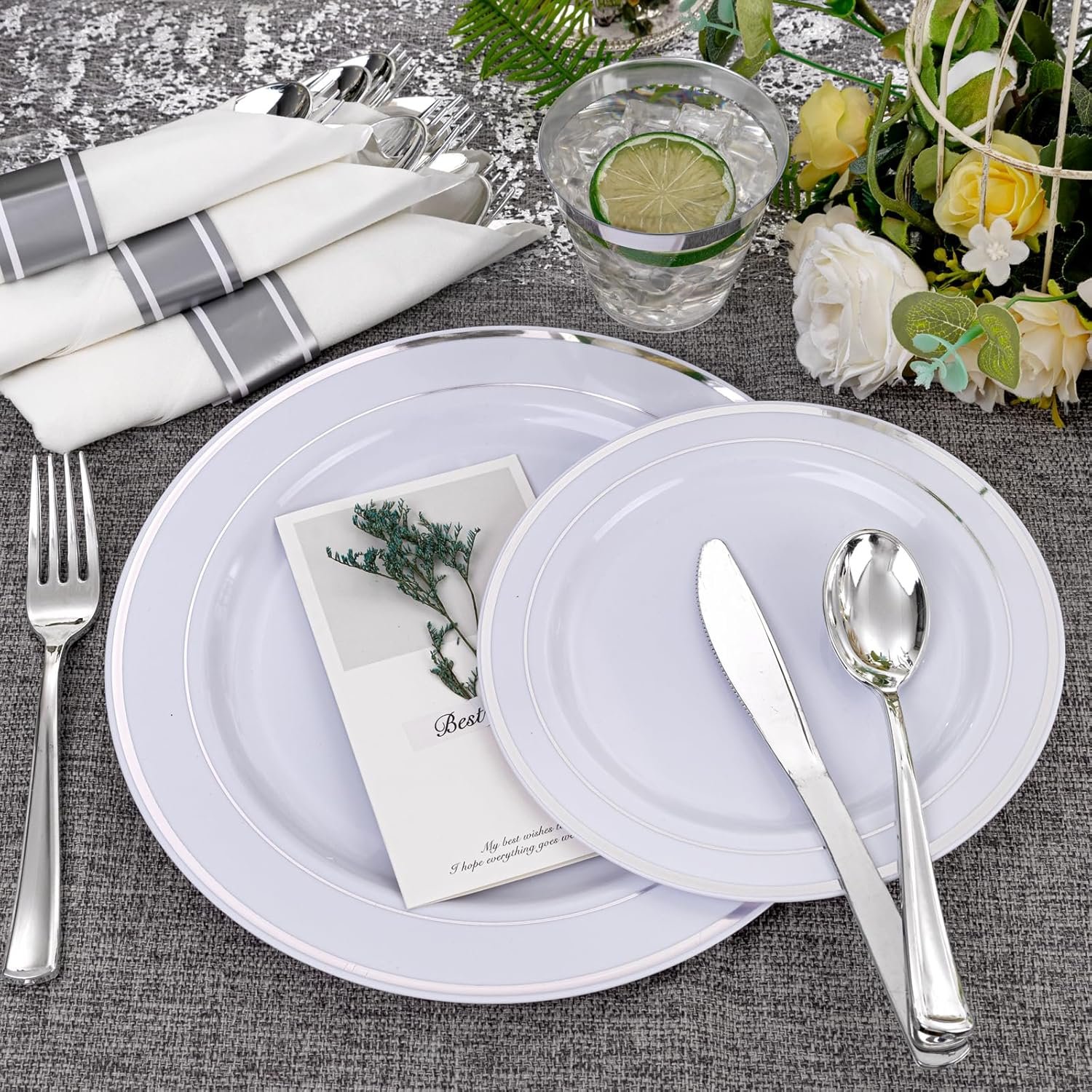WELLIFE 350Pcs Silver Plastic Plates - Disposable Silverware, Include: 50 Dinner Plates 10.25”, 50 Dessert Plates 7.5”, 50 Silver Rim Cups 9 OZ, 50 Pre Rolled Napkins with Silver Silverware - Image 8